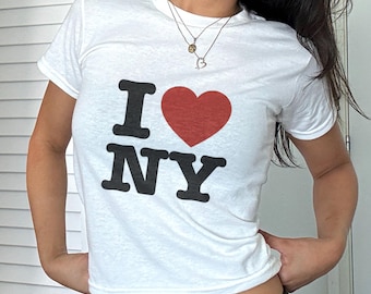 I Love NY Aesthetic Baby Tee, NYC Street Style Crop Top, Manhattan Fashion Outfit, Urban City Girl Vibe, Trendy Gen Z Streetwear