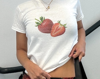 Strawberry Baby Tee, Coquette Y2K Graphic Tee, Fruit Crop Top, Summer Baby Tee Women, Retro Fitted Shirt, Cute sweet berry tee