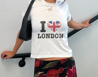 I Love London Baby Tee, UK Flag Crop Top, Y2K Aesthetic Travel Shirt, British Style Top, Cute Tourist Tee, Retro England Graphic Tee