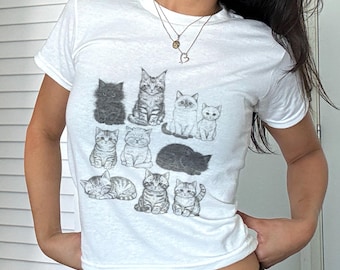 Cats 90s Vintage Tattoo Style Baby Tee,Y2k Kitten crop top, Cat Lovers Gift, Cute Cat Shirts,Nature Unisex Adult Pet Shirt, cute kitten tee