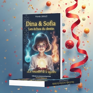 Puede incluir: Un libro titulado "Dina & Sofia Les échos du destin" con una niña en la portada sosteniendo un orbe brillante. El libro está sobre una superficie azul con confeti y decoraciones de cinta roja. La autora es Warda LRHAZI.