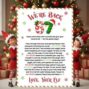 Peut inclure: Une carte de vœux sur le thème de Noël avec le texte "WE'RE BACK" en rouge. La carte présente une canne en bonbon et le chiffre vert 67 décoré d'éléments de Noël. Deux lutins encadrent la carte, et un poème est inclus.