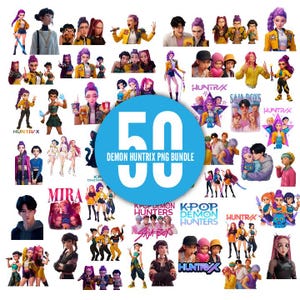 Peut inclure: Un ensemble de 50 graphiques PNG Demon Huntrix. Les images présentent divers personnages dans des poses dynamiques, avec des couleurs vives et des designs détaillés. Le texte comprend "HUNTR/X", "MIRA", "SAJA BOYS" et "K-POP DEMON HUNTERS".