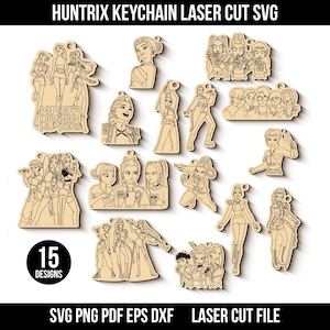 Peut inclure: Une collection de 15 porte-clés en bois découpés au laser, présentant divers motifs de groupes K-Pop. Les porte-clés sont de couleur marron clair et incluent le texte "KPOP DEMON HUNTERS". Le texte "HUNTRIX KEYCHAIN LASER CUT SVG" est également présent.