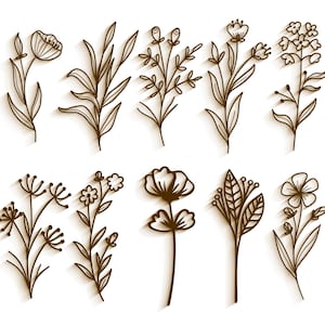 Puede incluir: Una colección de nueve ilustraciones florales en línea marrón. Los dibujos representan varias flores y elementos botánicos, incluyendo hojas, capullos y flores. Cada ilustración tiene un efecto de sombra, creando una apariencia tridimensional sobre un fondo blanco.