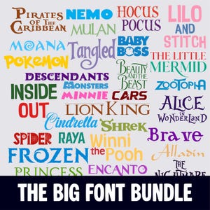 Könnte beinhalten: Eine Sammlung von Filmtiteln wie "Frozen", "Moana" und "The Little Mermaid" in verschiedenen Schriftarten und Farben. Der Text "THE BIG FONT BUNDLE" befindet sich am unteren Rand des Bildes.