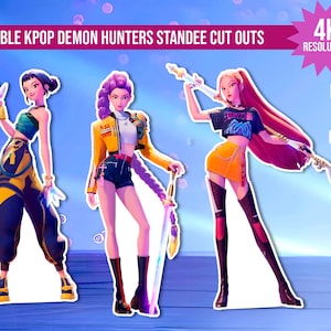 Pode incluir: Recortes de standee imprimíveis Kpop Demon Hunters. Três figuras coloridas em estilo anime com armas e roupas elegantes. O texto na imagem diz "Resolução 4K" e "Redimensionar, Imprimir, Recortar".
