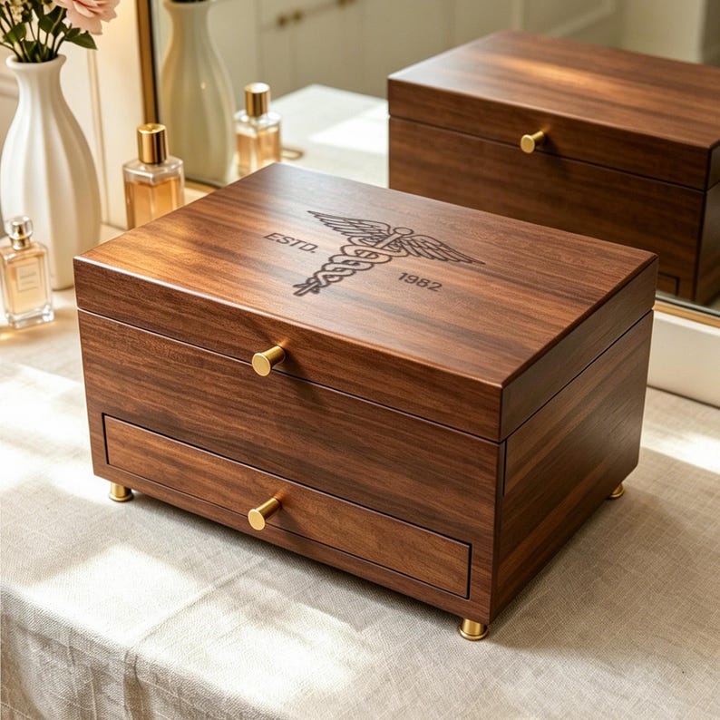May include: A rectangular dark brown wooden jewelry box with a hinged lid and a single pull-out drawer. The lid features a laser-engraved caduceus symbol with the text ESTO. 1982. It includes small gold-toned metal knobs and four short feet.