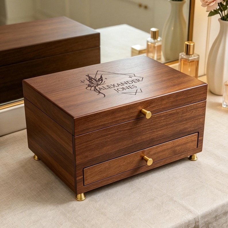 Personalized Wooden Jewelry Box With Name,Rustic Jewelry Display Organizer,Engraved Travel Case for Necklace Display,Anniversary Gift image 2