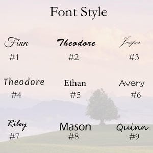May include: A graphic showcasing various font styles with the title "Font Style." The image displays nine different names, each in a unique font, with corresponding numbers. Names include Finn, Theodore, Jasper, Ethan, Avery, Riley, Mason, and Quinn. A tree and a landscape background are also visible.