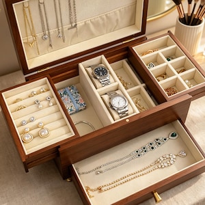 May include: A dark wood jewelry box with a cream-colored interior featuring multiple compartments, a necklace rack, two wristwatches, and various pieces of jewelry including earrings, rings, and necklaces arranged in organized sections and drawers.