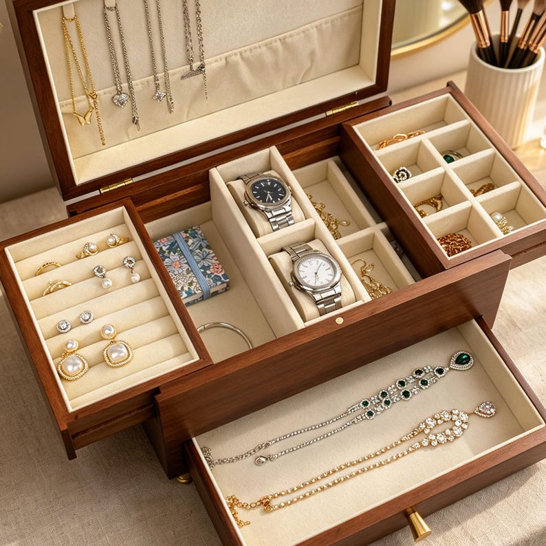 May include: A dark wood jewelry box with a cream-colored interior featuring multiple compartments, a necklace rack, two wristwatches, and various pieces of jewelry including earrings, rings, and necklaces arranged in organized sections and drawers.