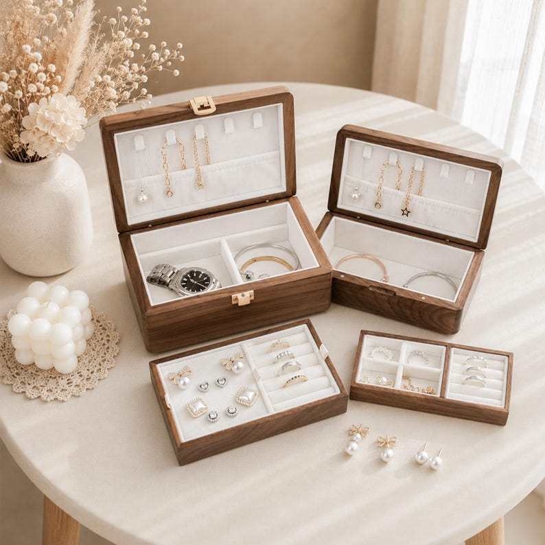 Pu&ograve; includere: Una collezione di portagioie in legno scuro con interni in velluto bianco. Il set comprende due scatole pi&ugrave; grandi con cerniere e ganci per collane e due vassoi piatti con fessure per anelli e scomparti per riporre vari gioielli.