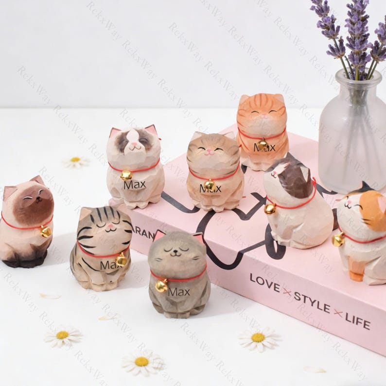 Personalized Handmade Wooden Cat Figurine,Hand-Carved Wood Cat,Personalized Wooden Bell Cat Figurine,Unique Cat Lover Gift,Gift For Friend image 1