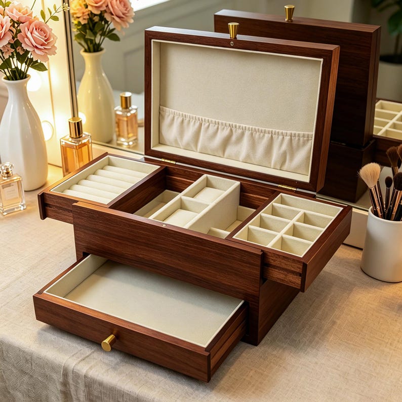 Personalized Wooden Jewelry Box With Name,Rustic Jewelry Display Organizer,Engraved Travel Case for Necklace Display,Anniversary Gift image 14
