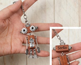 Personalized Handmade Wooden Steampunk Robot Keychain,Cute Handmade Robot Accessory,Unique Retro Gear Robot Pendant Gift For Him Her