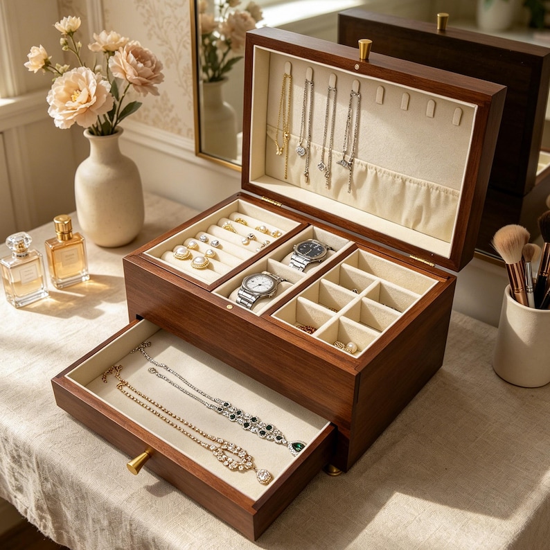 May include: A dark wood jewelry box with a hinged lid and a pull-out drawer. The interior is lined with cream-colored fabric, featuring necklace hooks, ring slots, watch compartments, and small dividers for organizing various accessories.