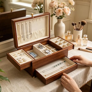 May include: A dark wood jewelry box with a hinged lid and multiple pull-out drawers. The interior is lined with cream-colored fabric, featuring hooks for necklaces, slots for rings, compartments for watches, and open trays for bracelets.