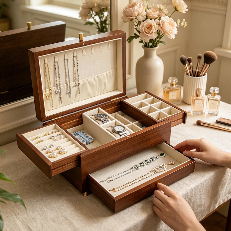 May include: A dark wood jewelry box with a hinged lid and multiple pull-out drawers. The interior is lined with cream-colored fabric, featuring hooks for necklaces, slots for rings, compartments for watches, and open trays for bracelets.
