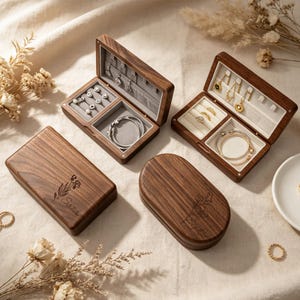 Può includere: Due portagioie in legno, uno rettangolare e uno ovale, con venature scure e interni in velluto grigio chiaro. I coperchi sono incisi con motivi floreali e i nomi Sara e Sophie. I portagioie contengono anelli e braccialetti in argento e oro.