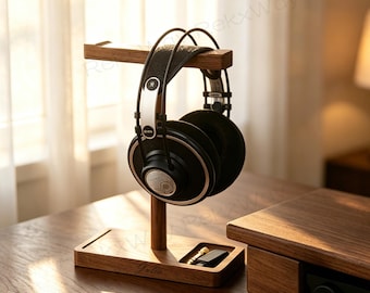 Soporte para auriculares personalizado de nogal negro, soporte para auriculares de madera grabado a medida, organizador de escritorio, configuración de escritorio para gamers, regalo de oficina, regalo para gamers.