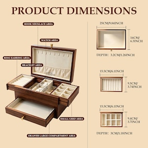 May include: A wooden jewelry box with multiple compartments, including a hook necklace area, watch area, ring earring area, bracelet area, and small grid area. The image displays product dimensions in inches, such as 9.84 inches by 6.3 inches.