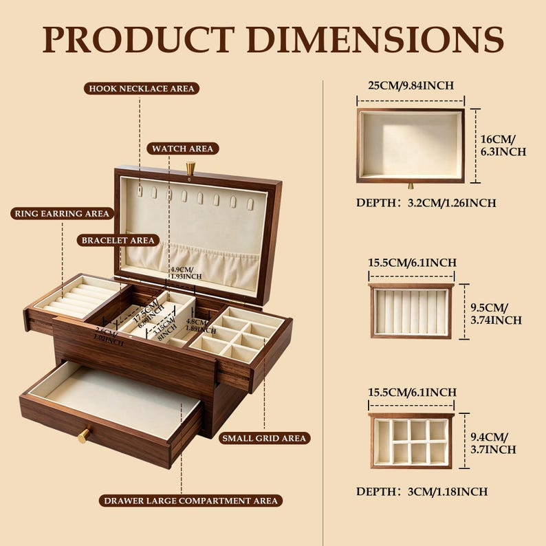 May include: A wooden jewelry box with multiple compartments, including a hook necklace area, watch area, ring earring area, bracelet area, and small grid area. The image displays product dimensions in inches, such as 9.84 inches by 6.3 inches.