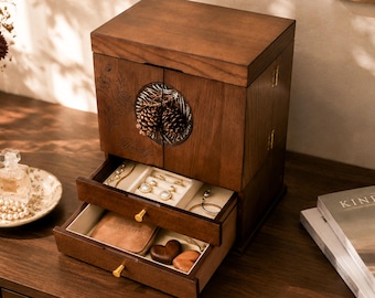 Personlig sminkorganisatör i massivt trä med låda, förvaringslåda för kosmetika med dubbla lager, organiserare för accessoarer, vintageförvaring