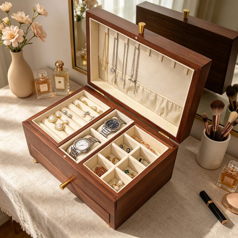 Personalized Wooden Jewelry Box With Name,Rustic Jewelry Display Organizer,Engraved Travel Case for Necklace Display,Anniversary Gift image 12