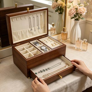 Personalized Wooden Jewelry Box With Name,Rustic Jewelry Display Organizer,Engraved Travel Case for Necklace Display,Anniversary Gift image 11