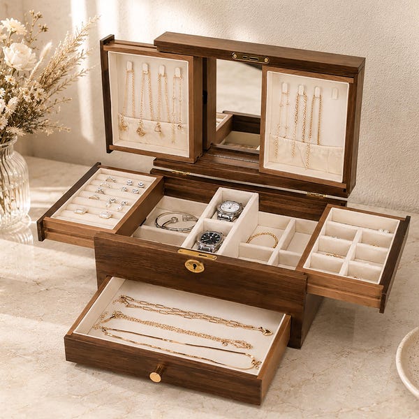 Portagioie in legno personalizzato a 3 strati con specchio, organizer a cassetti con scomparti multipli per orologi, collane e anelli, regalo per mamma, moglie, damigella d'onore.