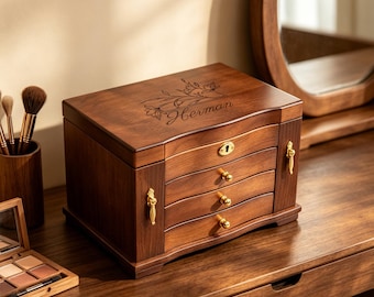 Personalized Wooden Large Jewelry Box,Engraved Jewelry Organizer With Mirror,Retro Jewelry Box Large Capacity,Best Friend Idea,Gift For Mom
