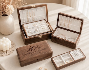 Personalized Walnut Double Layer Jewelry Box,Wooden 2 Layer Organizer for Rings Necklaces Earrings,Bridesmaid Gift,Birthday Anniversary Gift