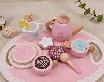 Barnens eftermiddagste-set, handgjort trä-eftermiddagste-set, personligt trä-eftermiddagste-dessertset med leksak, födelsedagspresent till barn
