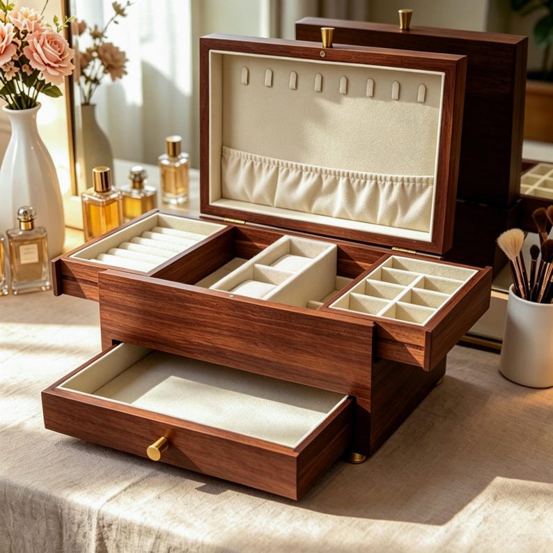 May include: A dark wood jewelry box with a hinged lid, a pull-out drawer, and a cream-colored interior. The lid features necklace hooks and a pocket, while the interior contains multiple compartments, including ring rolls and small square dividers.