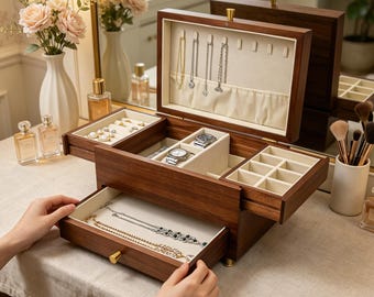 Personalized Wooden Jewelry Box With Name,Rustic Jewelry Display Organizer,Engraved Travel Case for Necklace Display,Anniversary Gift