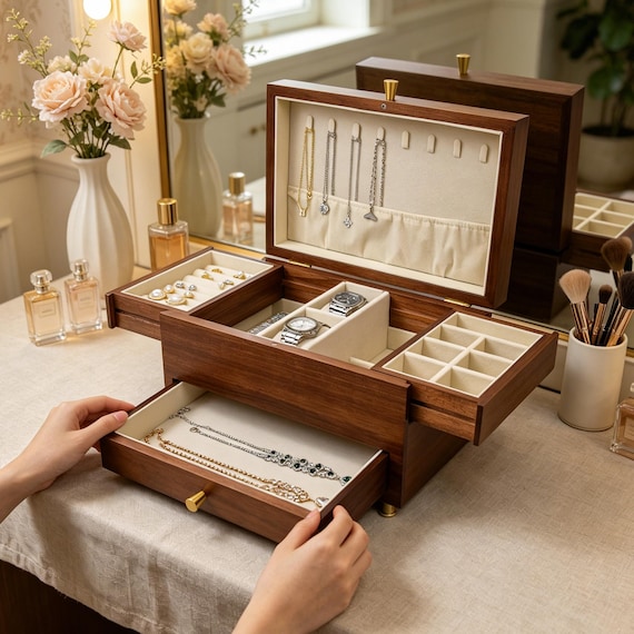 Personalized Wooden Jewelry Box With Name,Rustic Jewelry Display Organizer,Engraved Travel Case for Necklace Display,Anniversary Gift