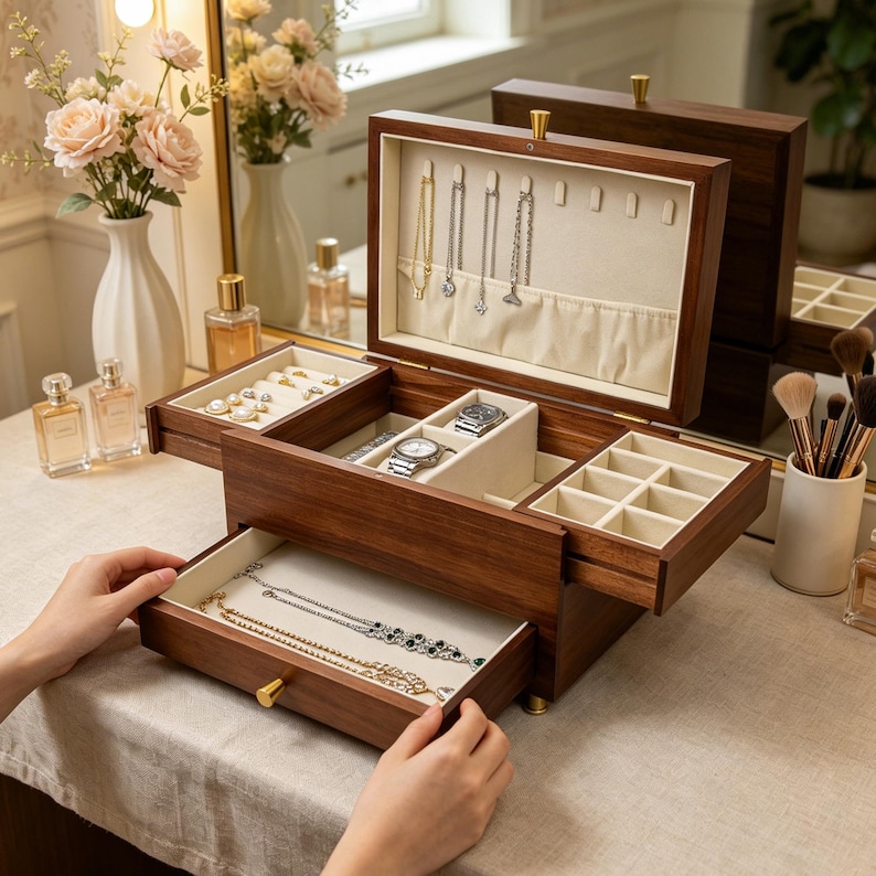 May include: A dark wood jewelry box with a hinged lid and a pull-out drawer. The interior is lined with cream-colored fabric and features hooks for necklaces, a small compartment for rings, and a sectioned tray for organizing various accessories.