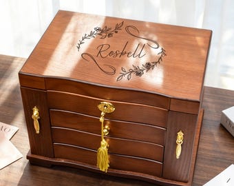Personalized Engraved Wood Jewelry Box With Mirror,Custom Jewelry Holder,Jewelry OrganizerCase,Bridesmaid Gift,Anniversary Gift,Gift For Mom