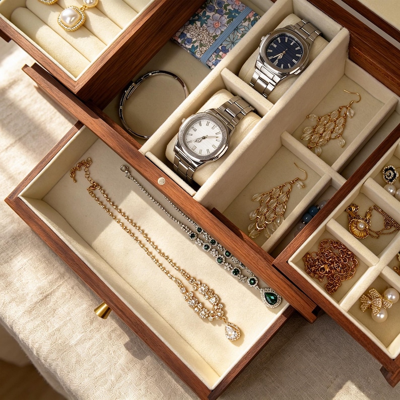 May include: A multi-tiered wooden jewelry box with a dark brown finish and cream-colored velvet lining. The compartments contain two silver-tone wristwatches, a gold-tone necklace with a teardrop pendant, a silver-tone chain, gold-tone earrings, and bracelets.