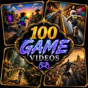 May include: A digital graphic featuring the text 100 GAME VIDEOS in gold and purple, surrounded by four distinct video game scenes. The scenes depict a blocky character in a sunset landscape, a runner on subway tracks, a jungle explorer, and a hooded figure leaping over a city.