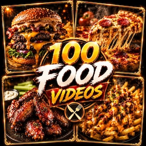 Può includere: Una grafica digitale con il testo 100 FOOD VIDEOS al centro, circondata da quattro riquadri che mostrano un doppio cheeseburger, una fetta di pizza al salamino con formaggio fuso, alette di pollo glassate e patatine fritte con formaggio.