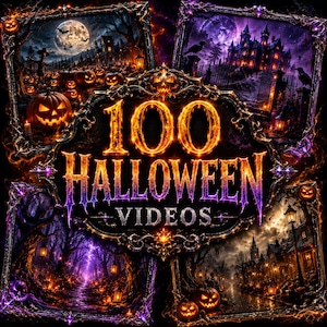May include: A digital graphic featuring the text 100 HALLOWEEN VIDEOS in a glowing orange and purple font. The central text is surrounded by four ornate, dark frames displaying scenes of a pumpkin patch, a haunted mansion, a forest, and a street.