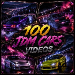 Op de afbeelding: Een digitale afbeelding met vier verschillende scènes van sportwagens op bochtige wegen in de nacht, met paarse, zwarte, zilveren en gele voertuigen. De centrale tekst luidt 100 JDM CARS VIDEOS in dikke gele en roze letters op een donkere achtergrond.