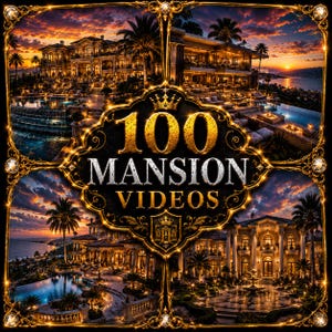 May include: A digital graphic featuring four distinct images of luxury mansions at sunset, framed by an ornate gold border. The central text reads 100 MANSION VIDEOS in gold lettering, topped with a small crown icon and a shield emblem at the bottom.