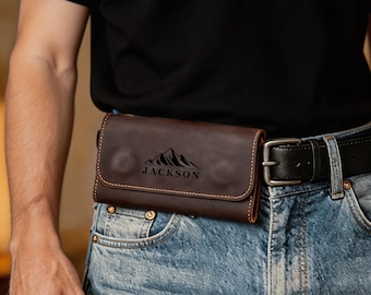 Personalized Crazy Horse Leather Phone Case, Belt Clip Pouch, Gift for Dad