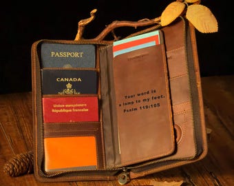 Portapasaportes familiar personalizado / Cartera de piel RFID con ranura para AirTag y bolsillo para teléfono / Artículos esenciales para viajes en familia / Piel Crazy Horse