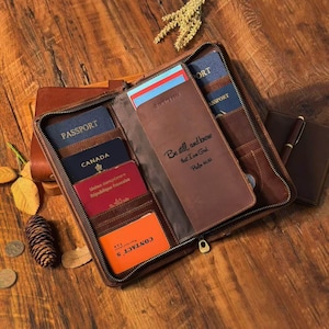 Personalized Crazy Horse Leather Passport Holder – Group Travel Wallet, 6 Passports, AirTag Slot