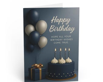 Elegant Birthday Card: Balloons, Cake, Gift