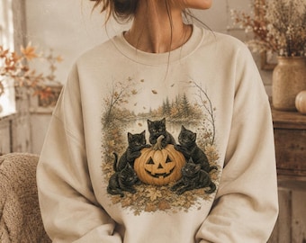 Vintage Halloween Black Cat Sweatshirt, Retro Halloween Sweater, 90s Herbst Pullover, Vintage Kürbis Katzen Sweater, Spooky Katzen Geschenk